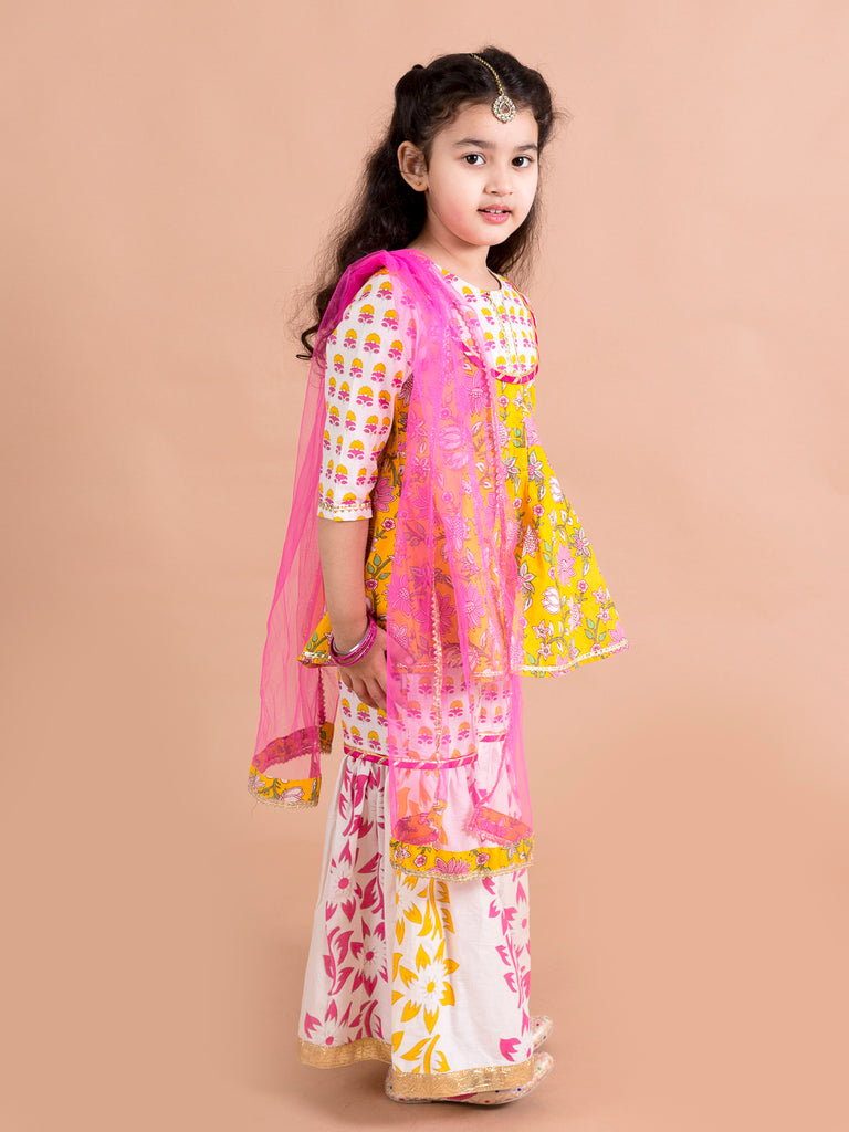 Pspeaches Girls Yellow Floral Printed Pure Cotton Kurti with Sharara & With Dupatta (SHA-Yellowpanel)