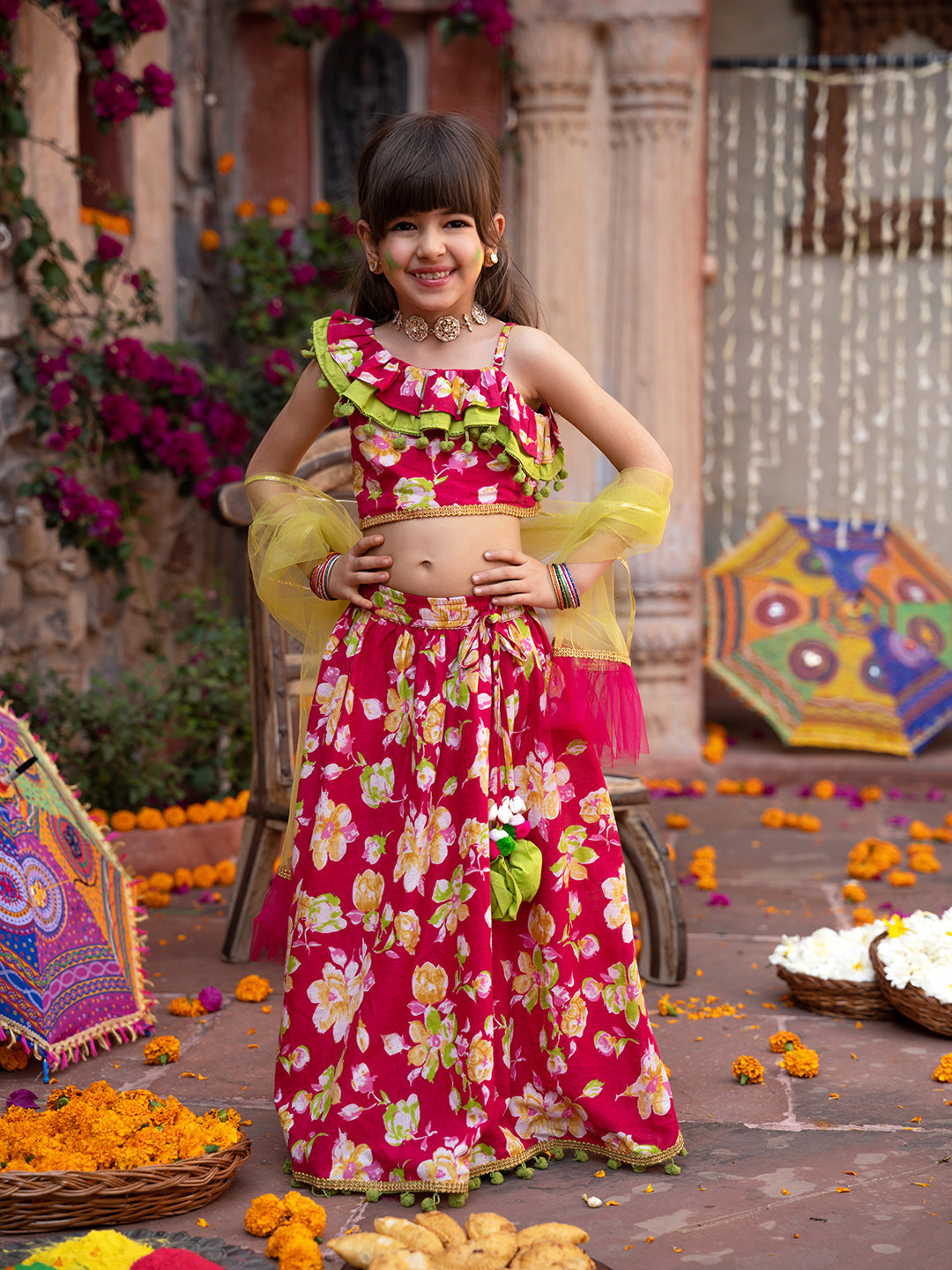 Pspeaches 3-Piece Magenta Cotton Lehenga, Choli And Dupatta (L25023230)