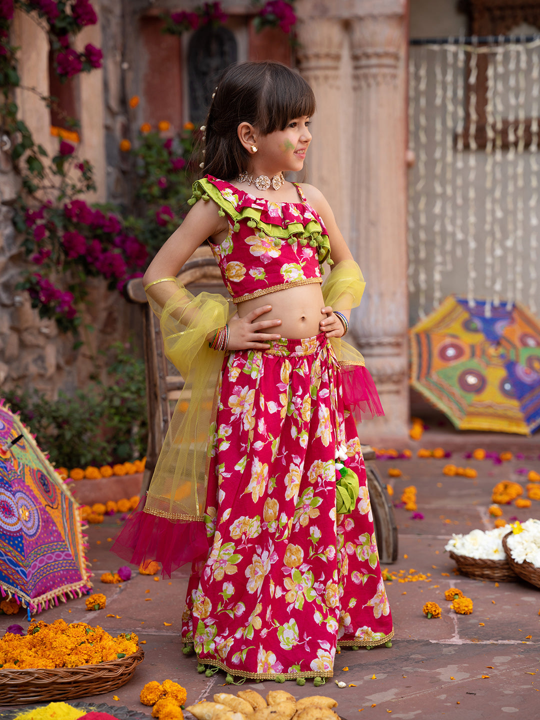 Pspeaches 3-Piece Magenta Cotton Lehenga, Choli And Dupatta (L25023230)