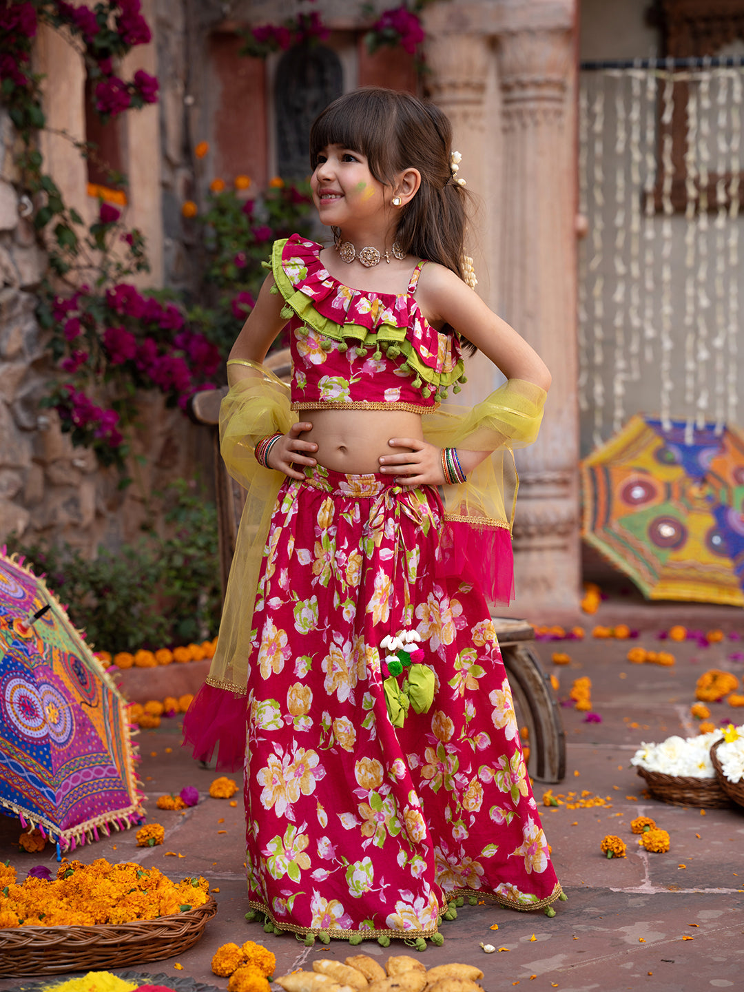 Pspeaches 3-Piece Magenta Cotton Lehenga, Choli And Dupatta (L25023230)