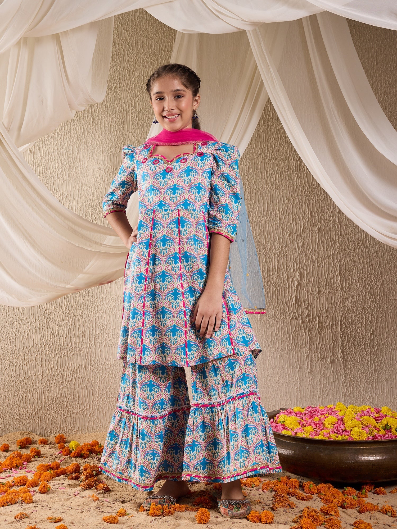 Pspeaches Girls Cotton 3/4th Sleeves Sweetheart Neck Gota Pati Embellished Lehenga Choli Set with Dupatta for Girls (SHA-FIROZIMAGENTAMAGZI)