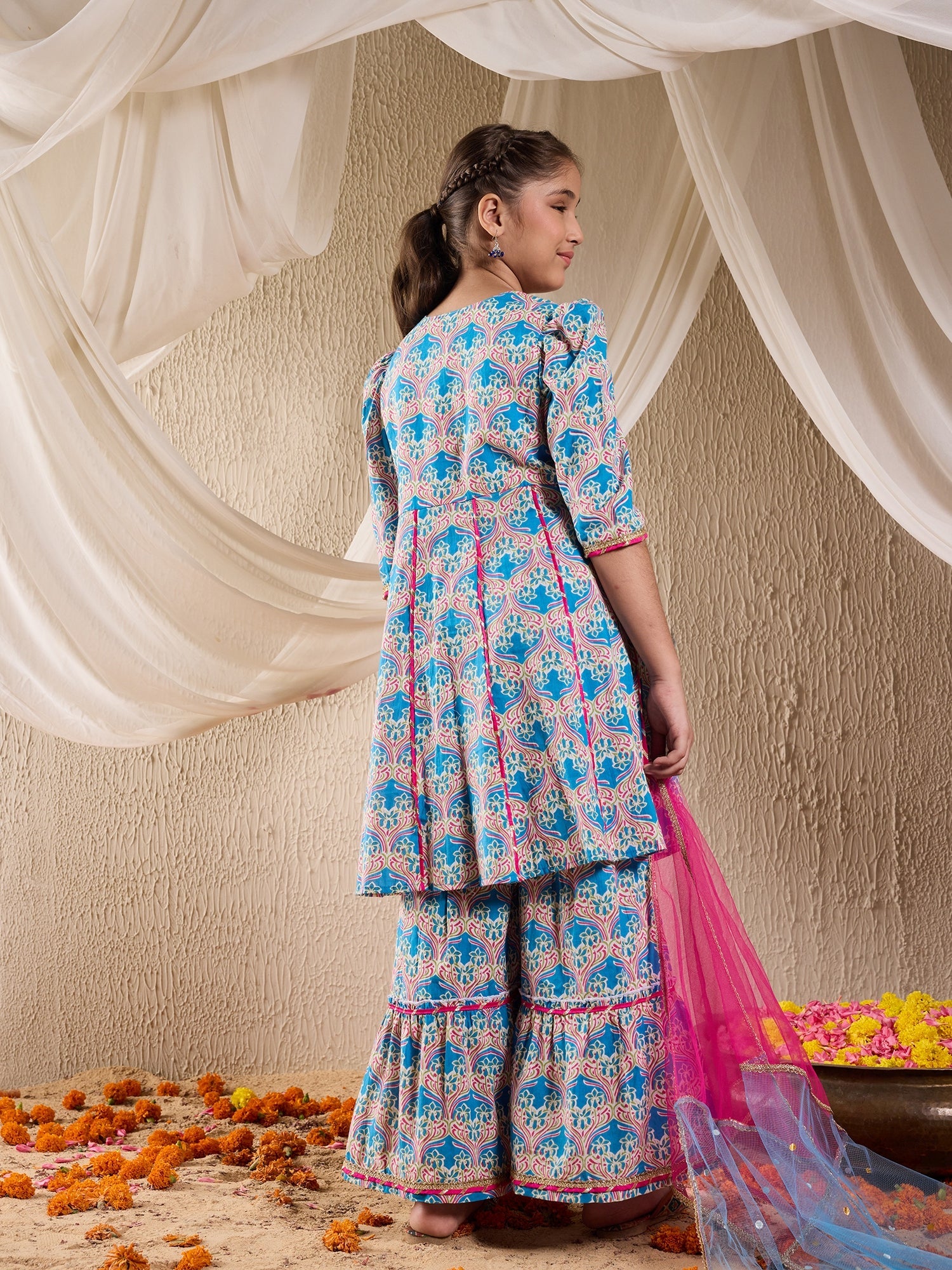 Pspeaches Girls Cotton 3/4th Sleeves Sweetheart Neck Gota Pati Embellished Lehenga Choli Set with Dupatta for Girls (SHA-FIROZIMAGENTAMAGZI)