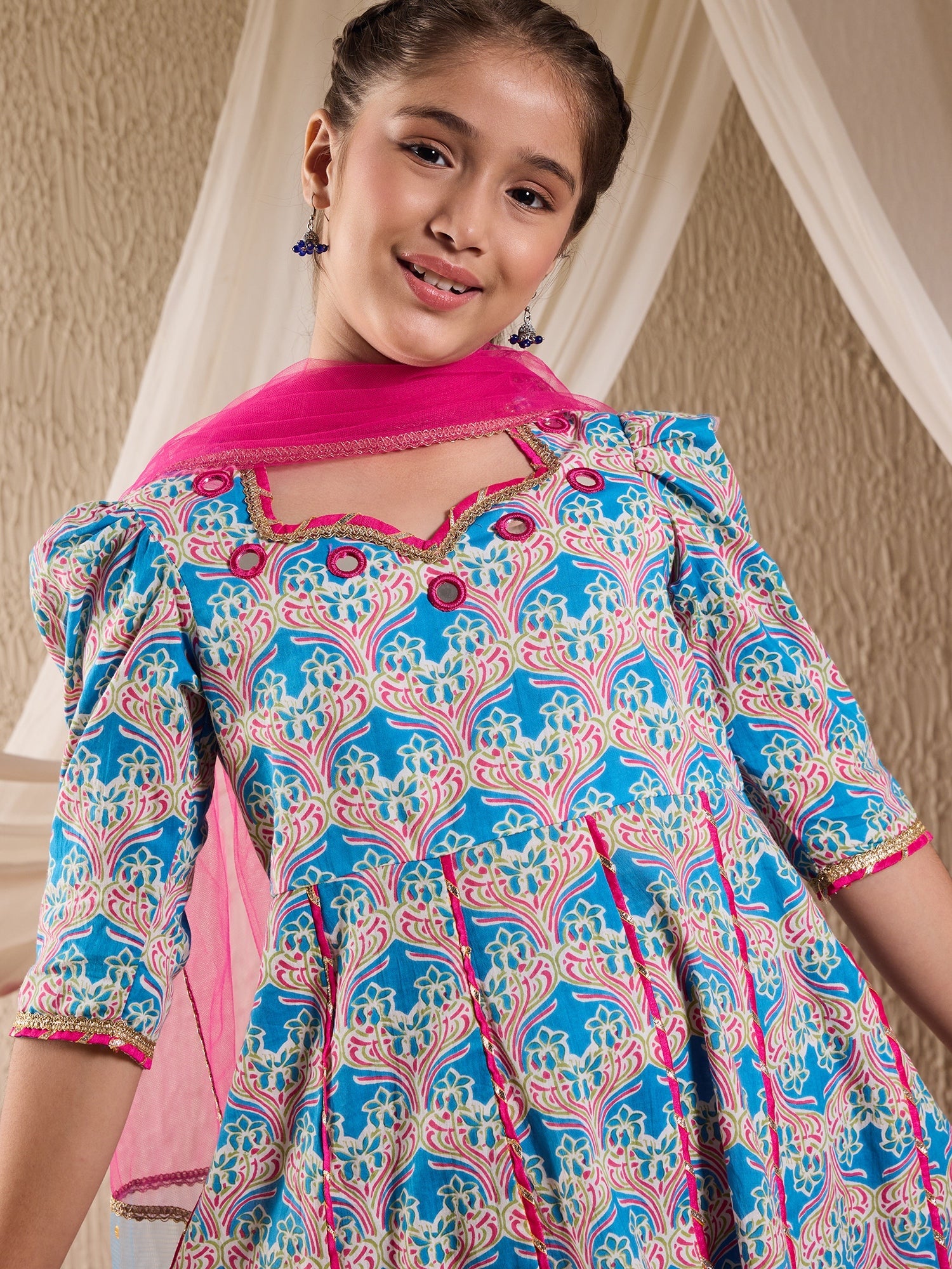 Pspeaches Girls Cotton 3/4th Sleeves Sweetheart Neck Gota Pati Embellished Lehenga Choli Set with Dupatta for Girls (SHA-FIROZIMAGENTAMAGZI)