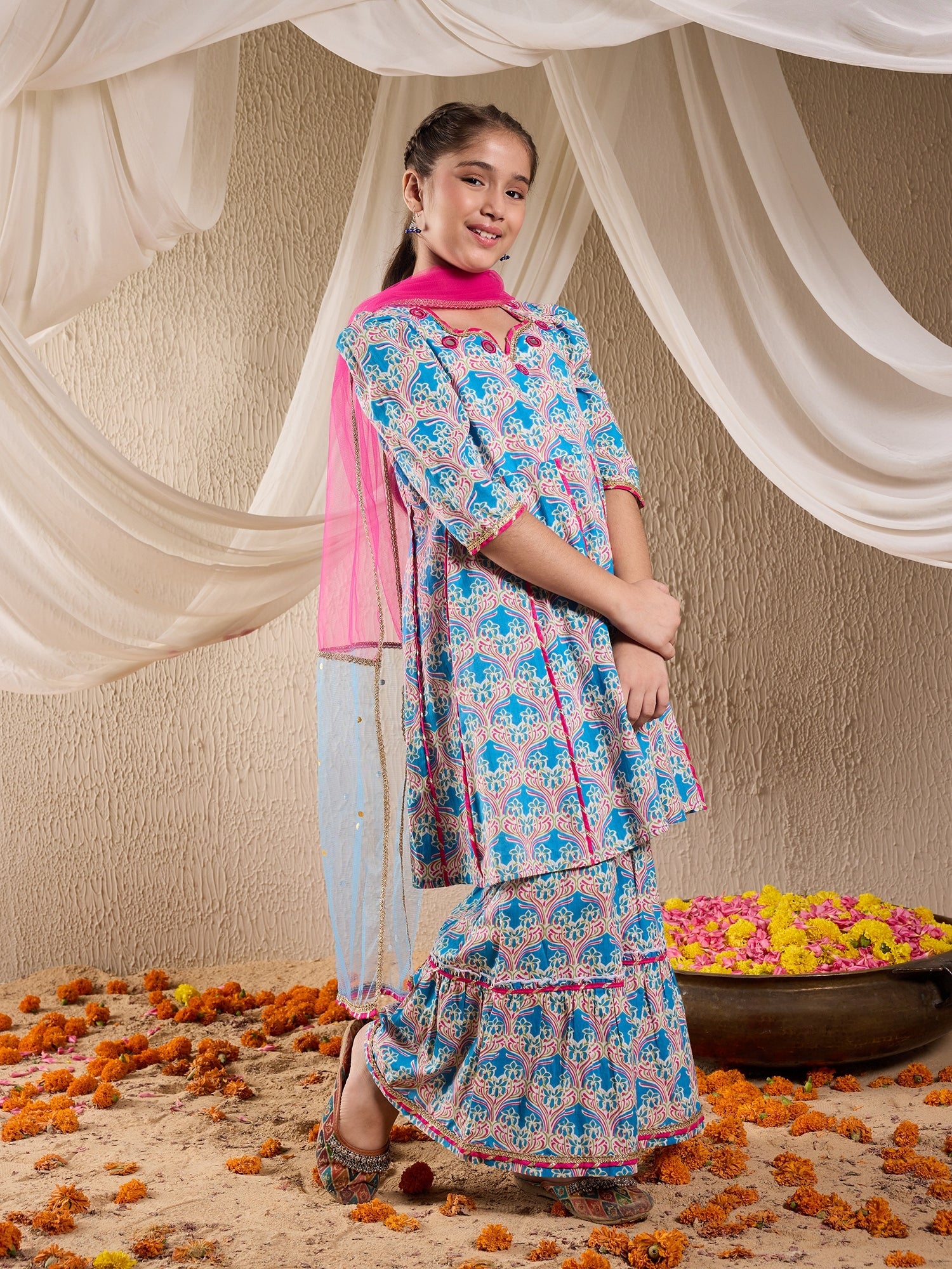 Pspeaches Girls Cotton 3/4th Sleeves Sweetheart Neck Gota Pati Embellished Lehenga Choli Set with Dupatta for Girls (SHA-FIROZIMAGENTAMAGZI)