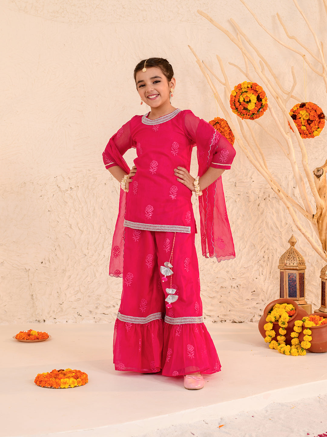 Girls Floral Printed Thread Work Regular Kurta with Sharara & With Dupatta (SHA-MAGENTAROSE)