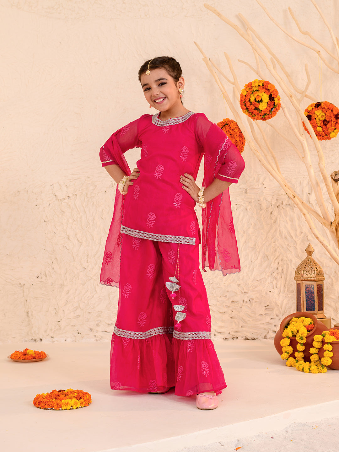 Girls Floral Printed Thread Work Regular Kurta with Sharara & With Dupatta (SHA-MAGENTAROSE)