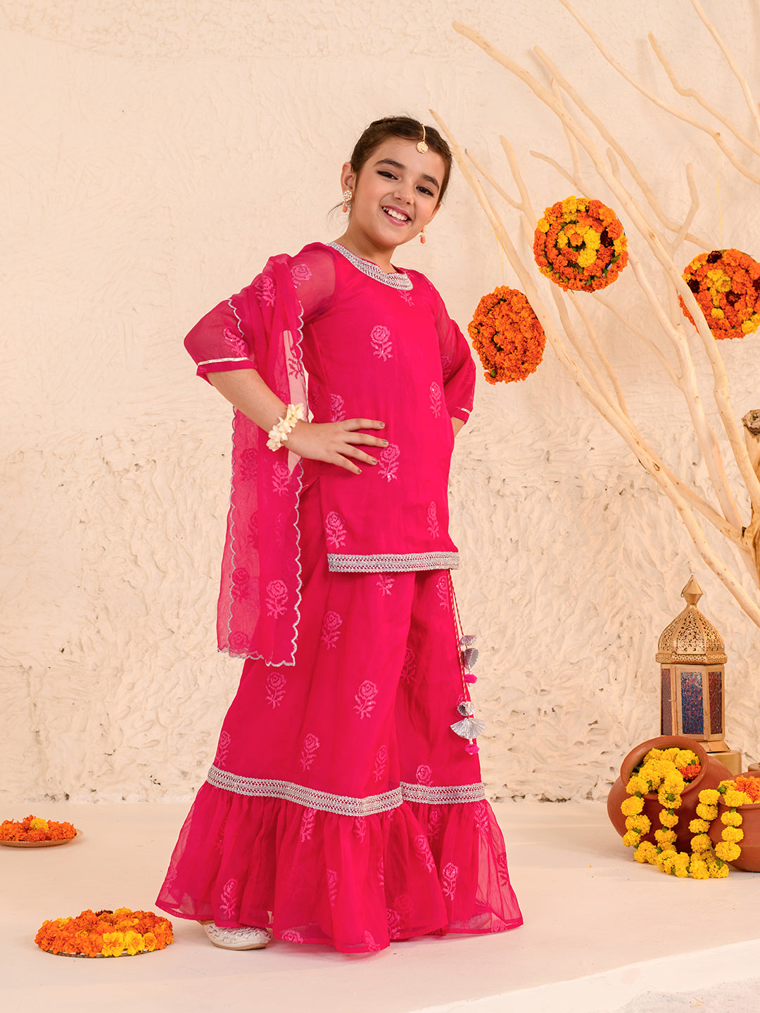 Girls Floral Printed Thread Work Regular Kurta with Sharara & With Dupatta (SHA-MAGENTAROSE)