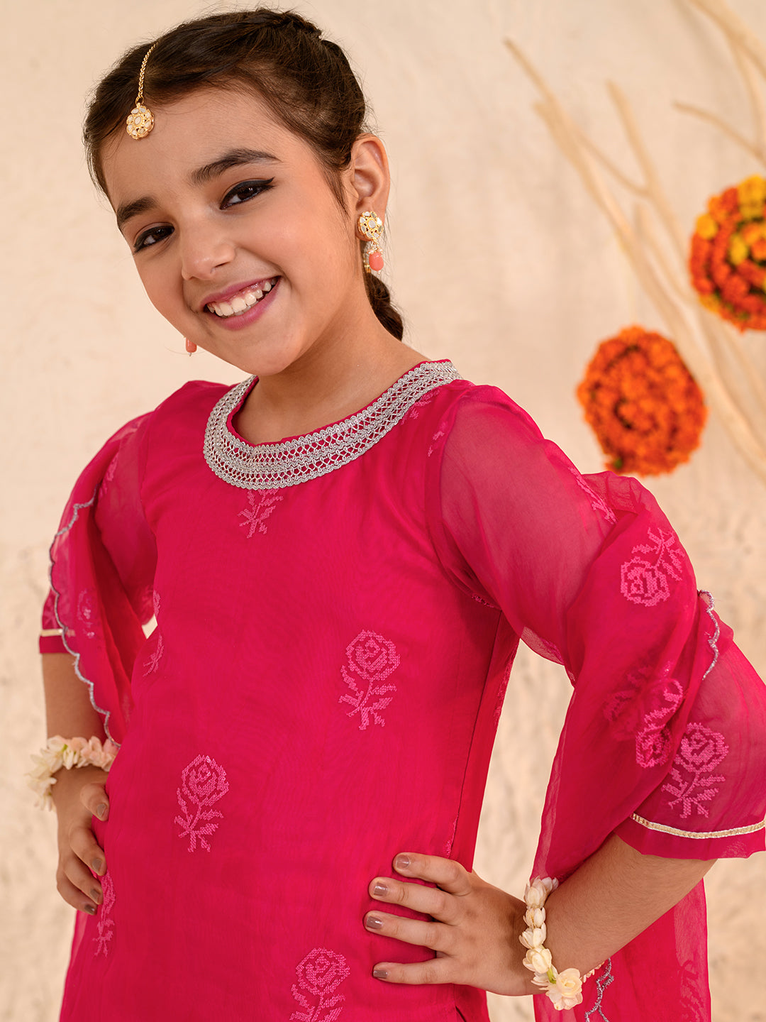 Girls Floral Printed Thread Work Regular Kurta with Sharara & With Dupatta (SHA-MAGENTAROSE)
