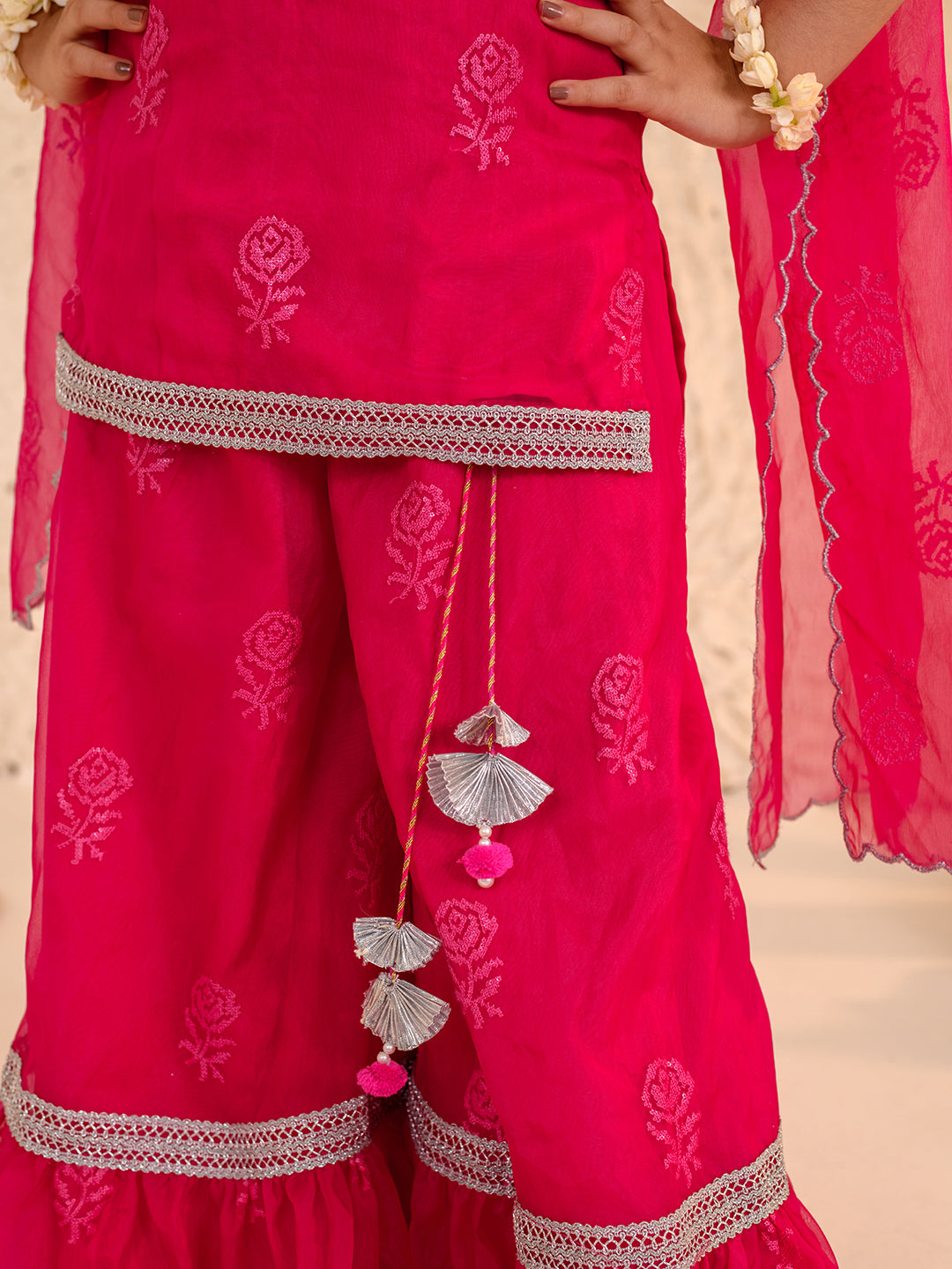 Girls Floral Printed Thread Work Regular Kurta with Sharara & With Dupatta (SHA-MAGENTAROSE)