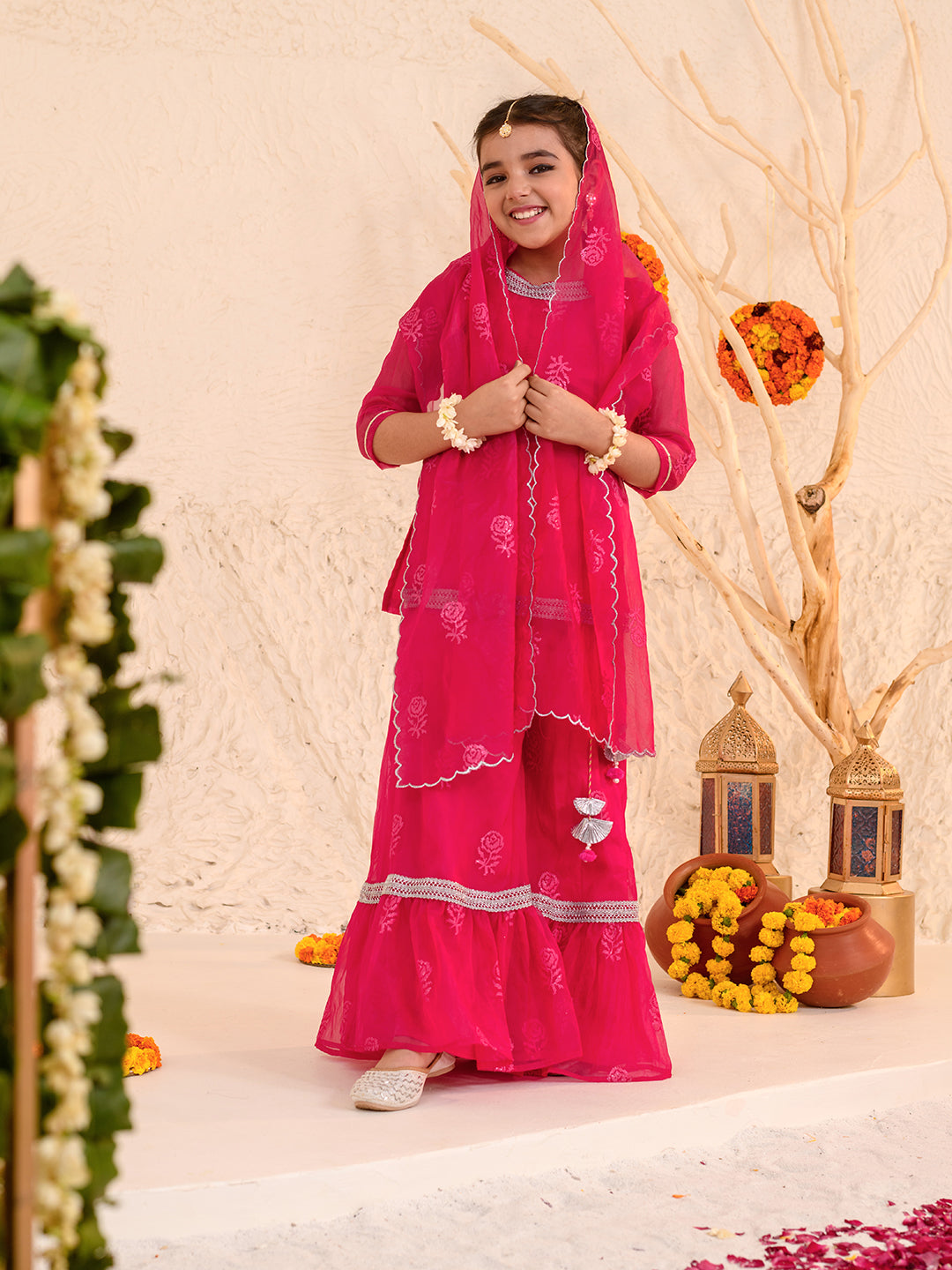 Girls Floral Printed Thread Work Regular Kurta with Sharara & With Dupatta (SHA-MAGENTAROSE)