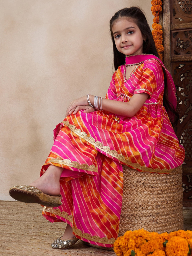 Girls Striped Gotta Patti A-Line Empire Kurti With Sharara Dupatta (SHA-MAGENTASTRIPE)