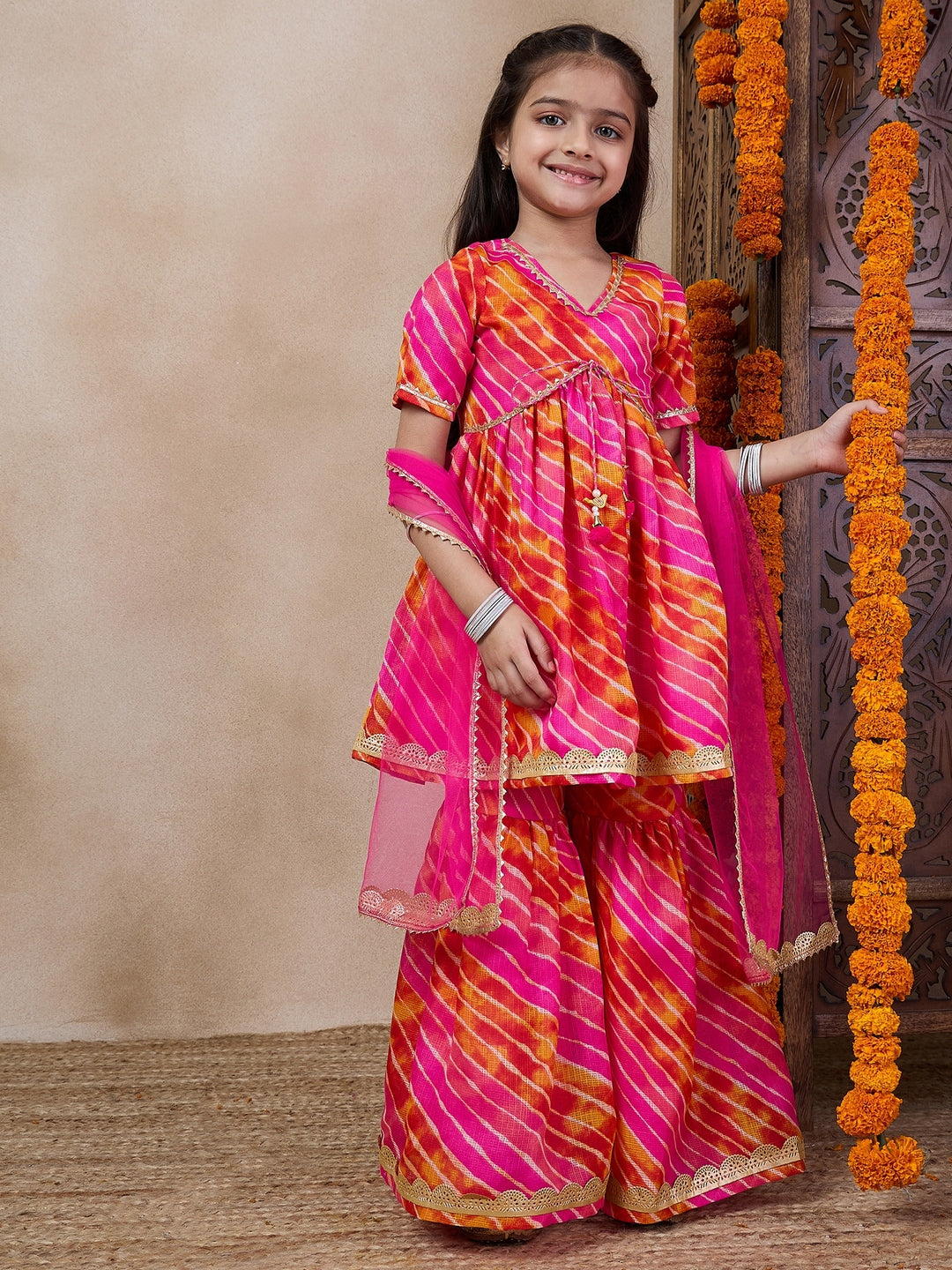Girls Striped Gotta Patti A-Line Empire Kurti With Sharara Dupatta (SHA-MAGENTASTRIPE)