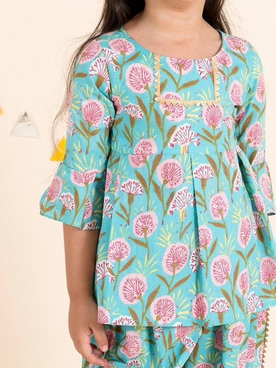 Girls Blue Floral Embroidered Angrakha Gotta Patti Pure Cotton Top with Dhoti Pants (Dh-bluebooti)