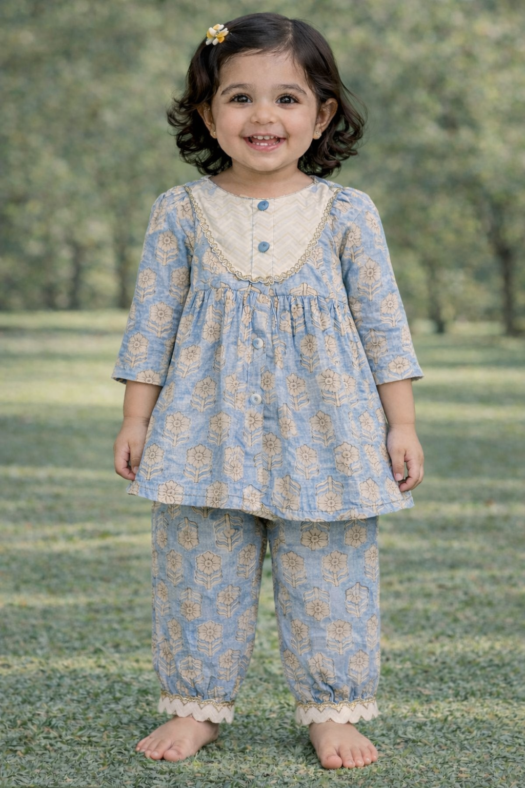 Pspeaches Baby Girls Blue Ethnic Booti Print Cotton A-Line Kurta & Pant Set ( Sku-Ing-Bluebooti )