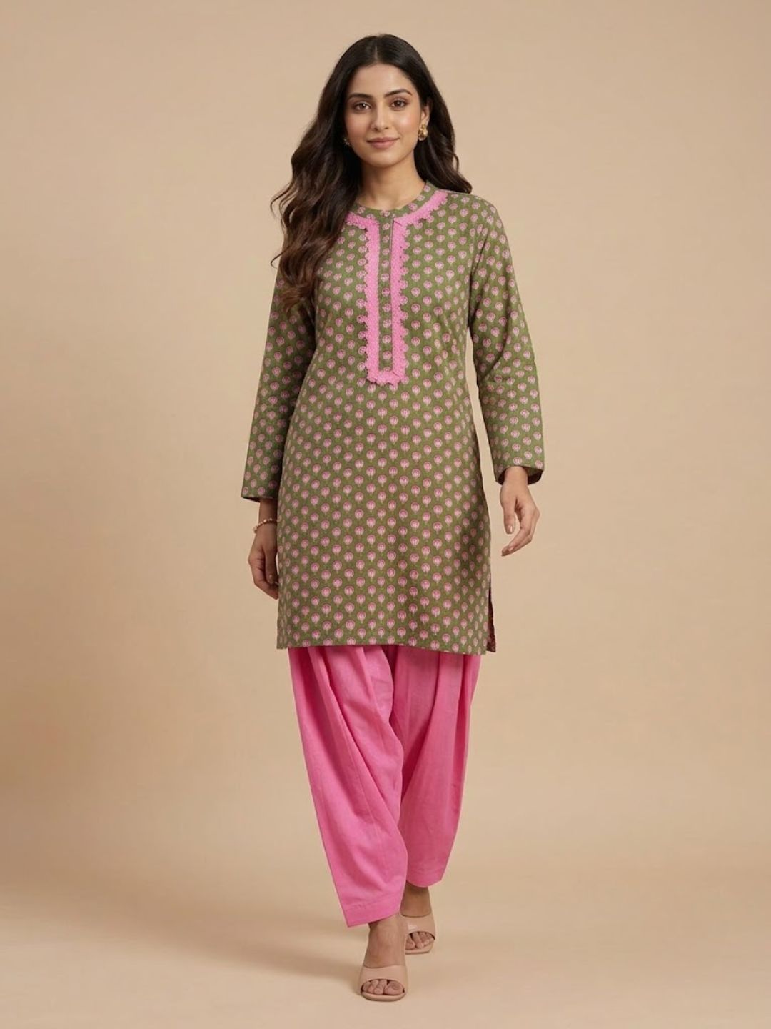 Pspeaches Women Cotton Full Sleeves Round Neck Floral Print Kurta With Pant 2 Piece Set - Green & Pink