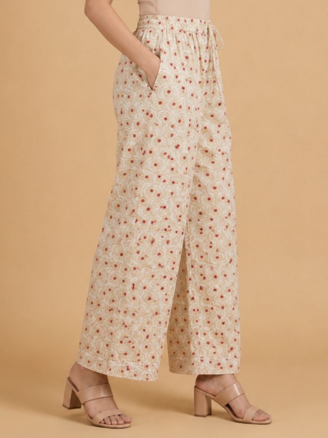 Pspeaches Women Cotton Full Sleeves Mandarin Collar Floral Print Kurta With Pant 2 Piece Set - Beige