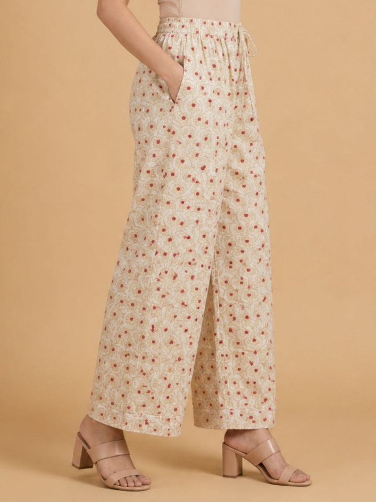 Pspeaches Women Cotton Full Sleeves Mandarin Collar Floral Print Kurta With Pant 2 Piece Set - Beige