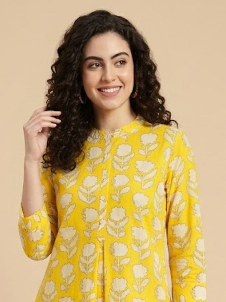 Pspeaches Women Cotton Full Sleeves Mandarin Collar Floral Print Kurta With Pant 2 Piece Set - Yellow & White