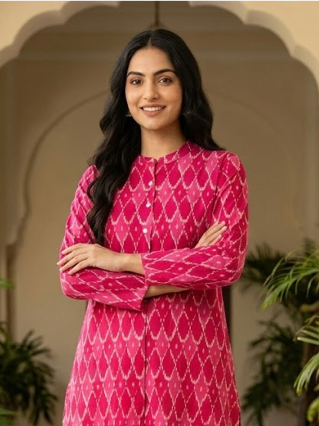 Pspeaches Women Cotton Full Sleeves Mandarin Collar Ikkat Print Kurta With Pant 2 Piece Set - Magenta &amp; White
