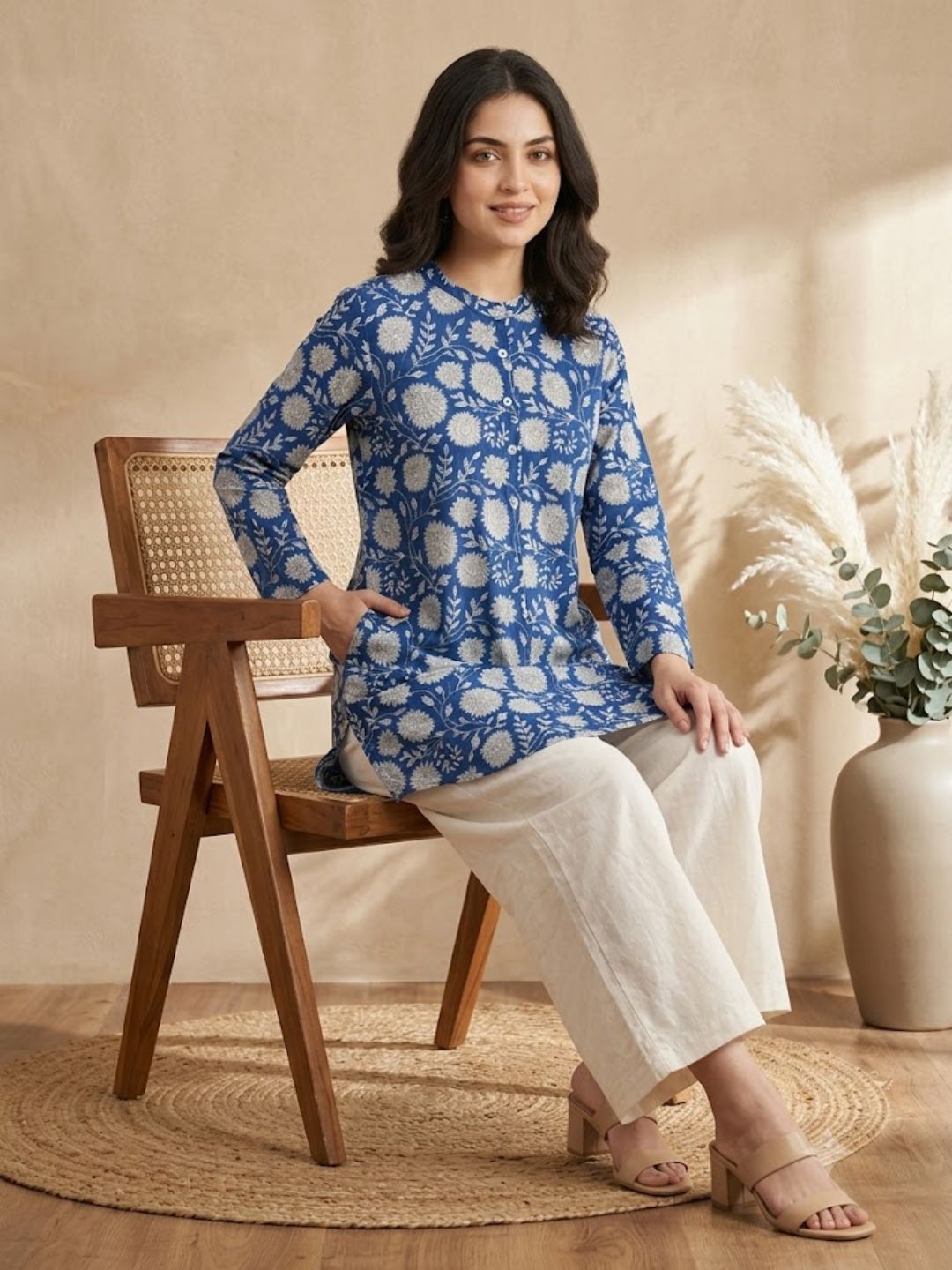 Pspeaches Women Cotton 3/4Th Sleeves Mandarin Collar Floral Print Kurta With Pant 2 Piece Set - Blue & White
