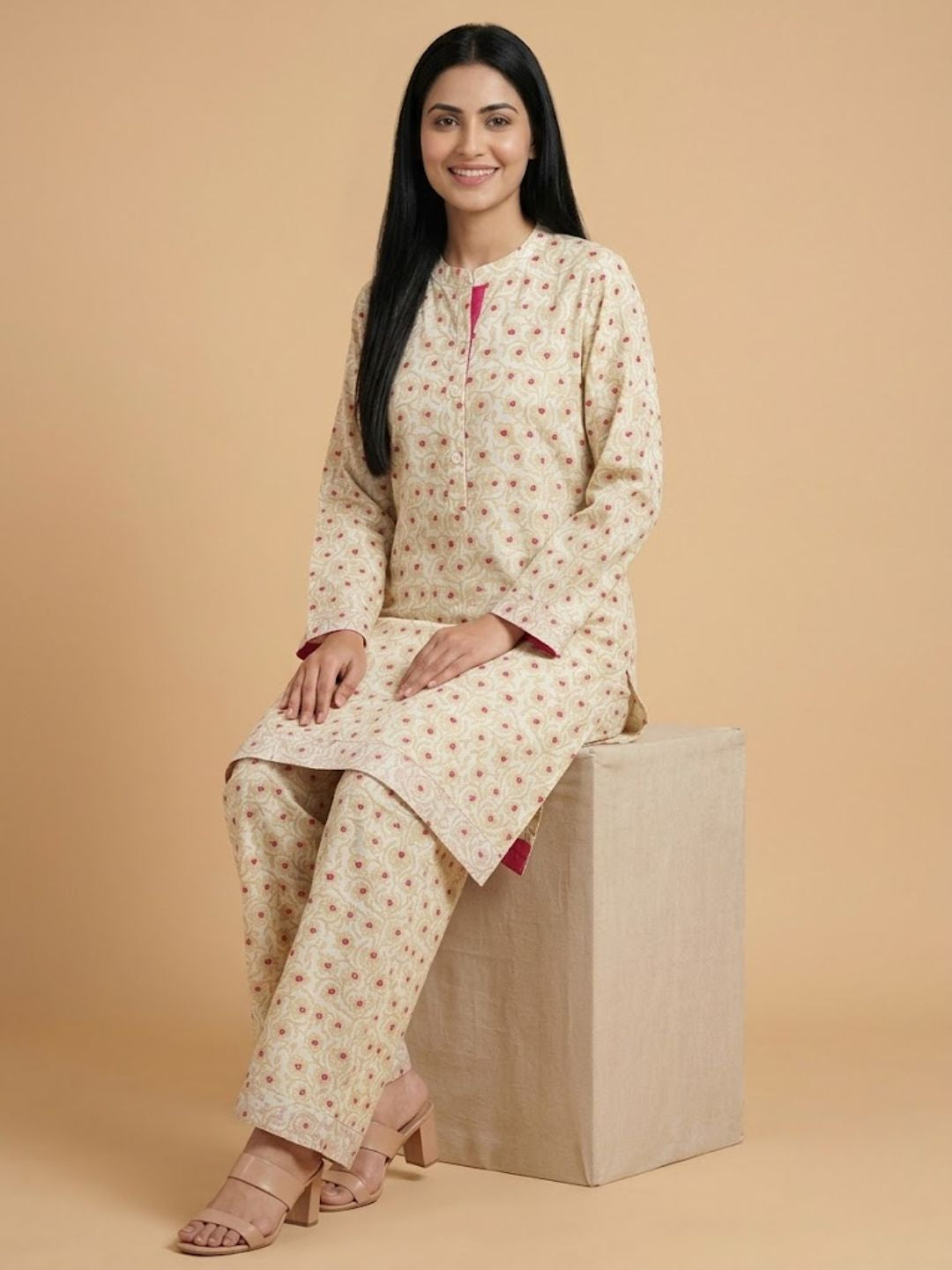 Pspeaches Women Cotton Full Sleeves Mandarin Collar Floral Print Kurta With Pant 2 Piece Set - Beige