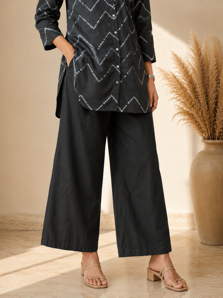 Pspeaches Women Cotton Full Sleeves Mandarin Collar Bandhani Print Kurta With Pant 2 Piece Set - Black