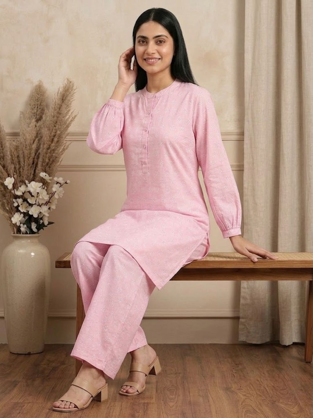 Pspeaches Women Cotton Full Sleeves Mandarin Collar Floral Print Kurta With Pant 2 Piece Set - Pink