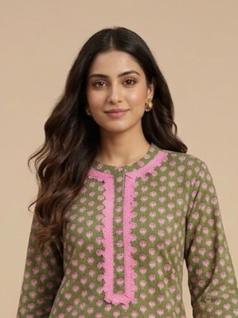 Pspeaches Women Cotton Full Sleeves Round Neck Floral Print Kurta With Pant 2 Piece Set - Green & Pink