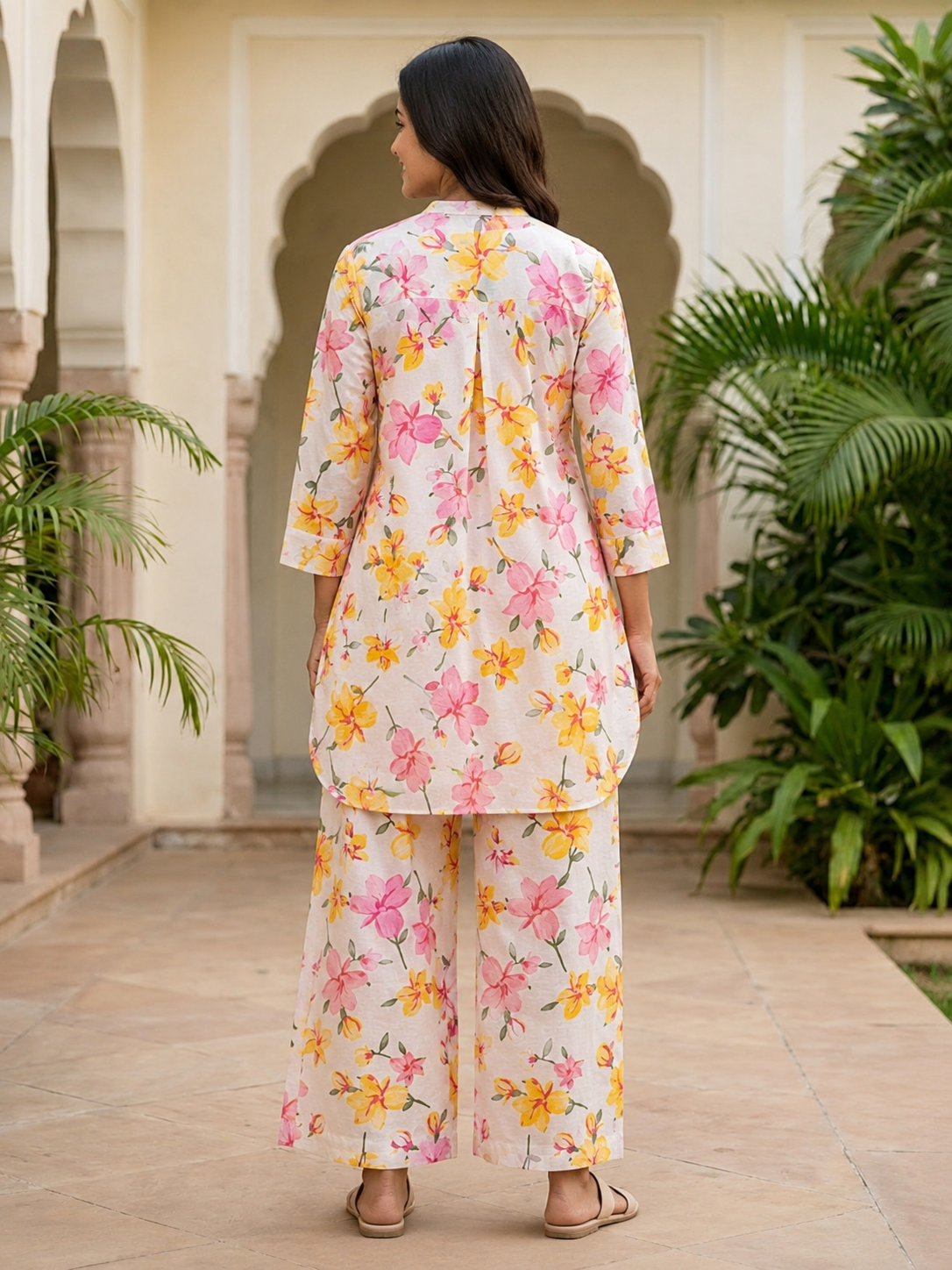 Pspeaches Women Cotton Full Sleeves Mandarin Collar Floral Print Kurta With Pant 2 Piece Set - Offwhite