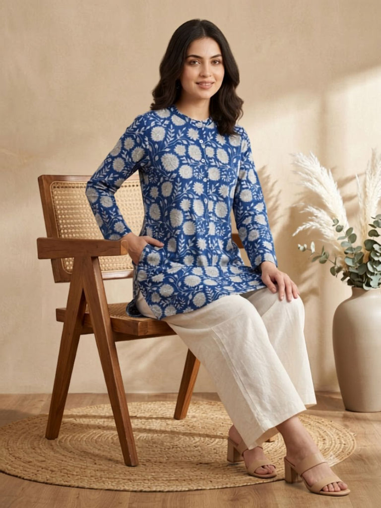 Pspeaches Women Cotton 3/4Th Sleeves Mandarin Collar Floral Print Kurta With Pant 2 Piece Set - Blue & White