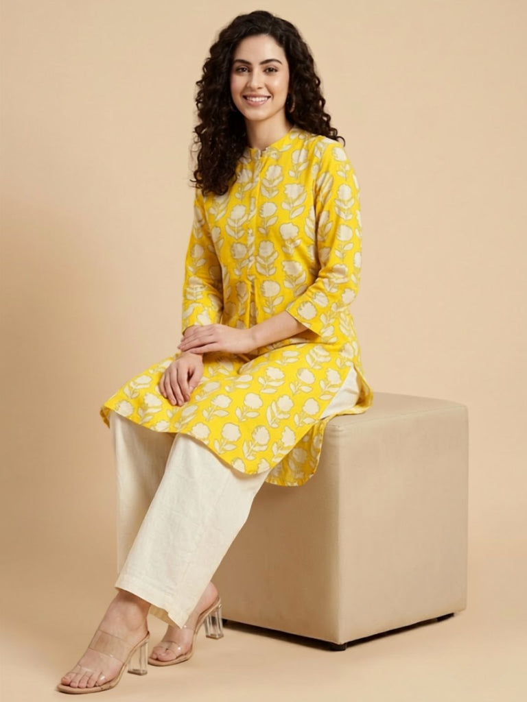 Pspeaches Women Cotton Full Sleeves Mandarin Collar Floral Print Kurta With Pant 2 Piece Set - Yellow & White
