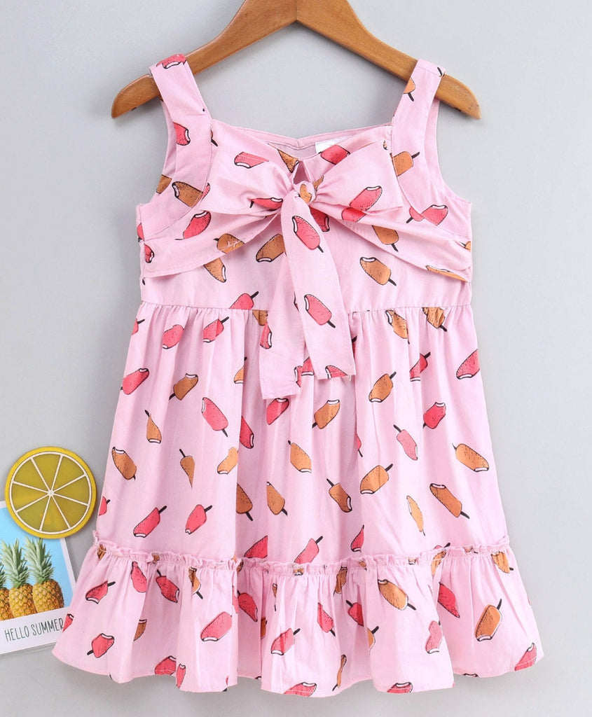Girls Pink Beige Ice-Cream Print Cotton A-Line Dress With Tie-Up (d-icecream)