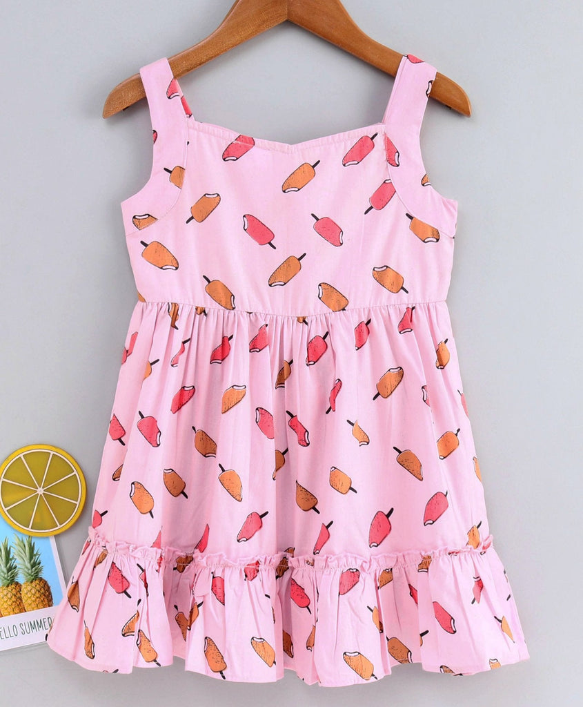 Girls Pink Beige Ice-Cream Print Cotton A-Line Dress With Tie-Up (d-icecream)