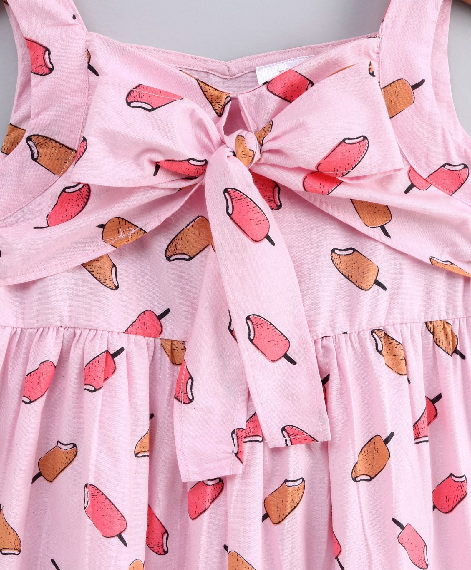 Girls Pink Beige Ice-Cream Print Cotton A-Line Dress With Tie-Up (d-icecream)