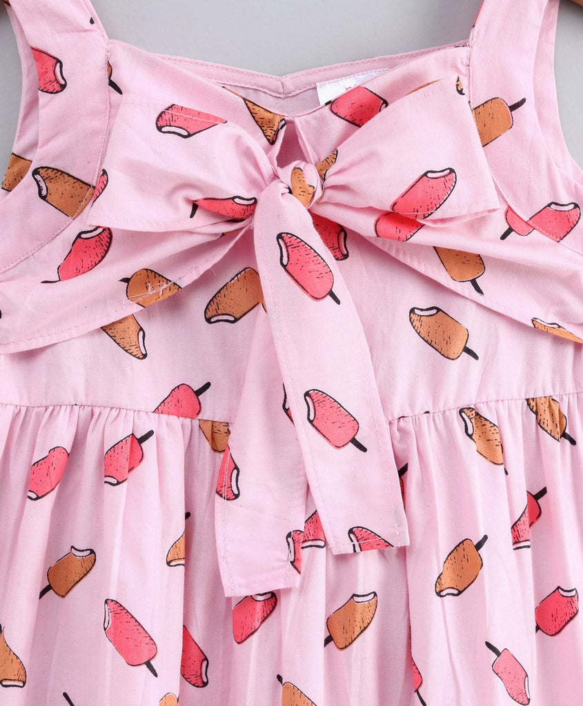 Girls Pink Beige Ice-Cream Print Cotton A-Line Dress With Tie-Up (d-icecream)