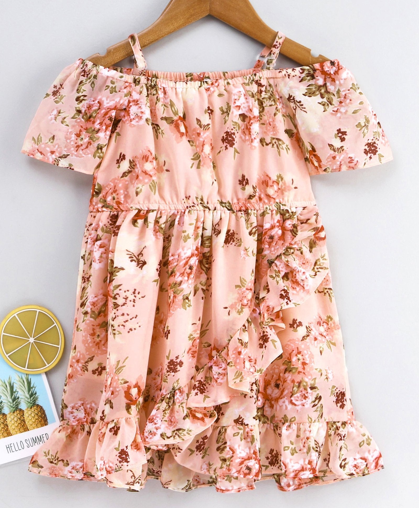 Pspeaches Girls Peach-Coloured Green Floral Print Wrap Dress (D-PEACHFLARED)