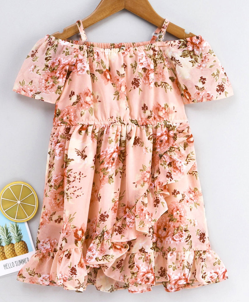Pspeaches Girls Peach-Coloured Green Floral Print Wrap Dress (D-PEACHFLARED)
