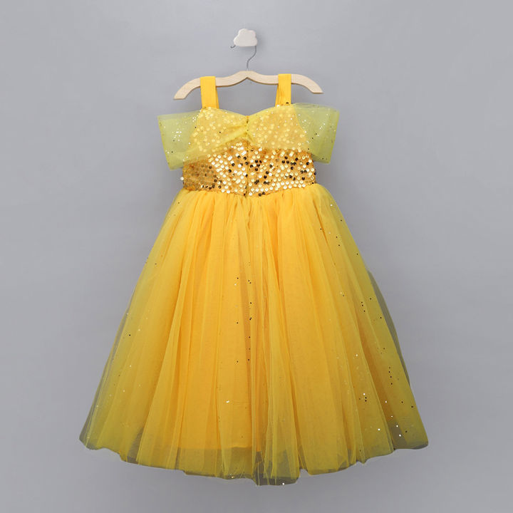 Pspeaches Girls Yellow Golden Sequined Fit And Flare Maxi Dress (D-YELLOWGOWN)