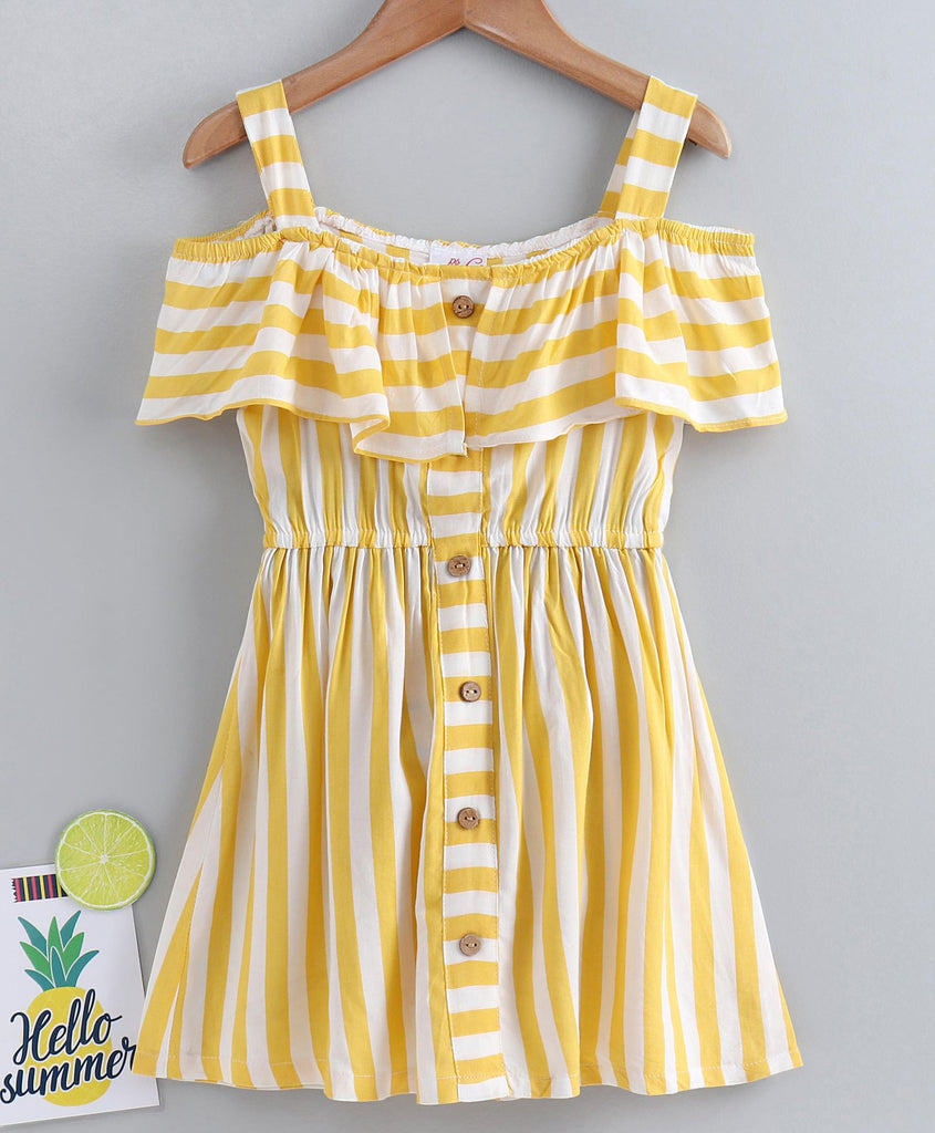 Pspeaches Girls Yellow White Striped A-Line Dress With Layered Detail (D-YELLOW WHITE STRIPES)
