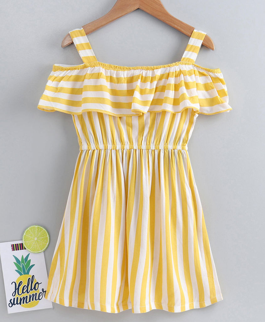 Pspeaches Girls Yellow White Striped A-Line Dress With Layered Detail (D-YELLOW WHITE STRIPES)