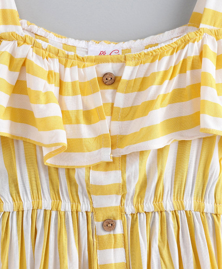 Pspeaches Girls Yellow White Striped A-Line Dress With Layered Detail (D-YELLOW WHITE STRIPES)