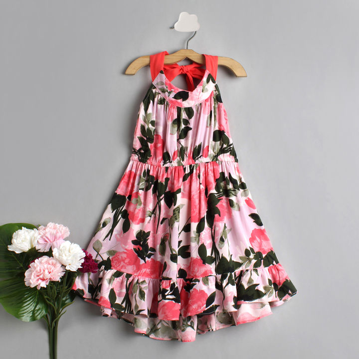 Pspeaches Girls Pink Green Floral Print Fit And Flare Dress (D-ROSES HAULTER)