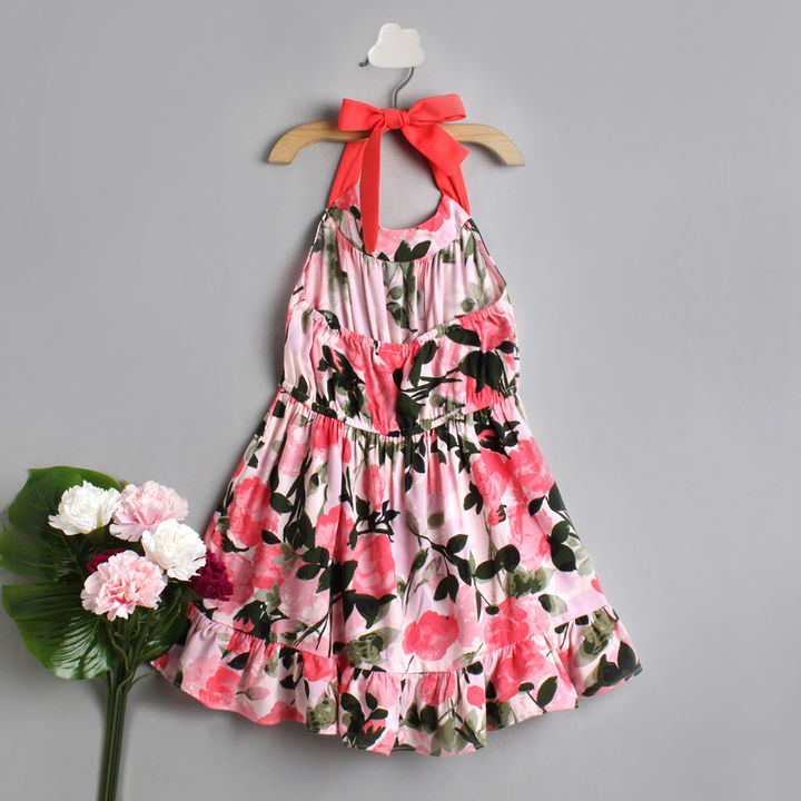 Pspeaches Girls Pink Green Floral Print Fit And Flare Dress (D-ROSES HAULTER)
