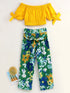 Pspeaches Girls Mustard Yellow Green Solid Bardot Top With Floral Print Trousers (S-GREEN FLOWERS)