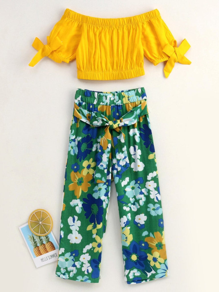Pspeaches Girls Mustard Yellow Green Solid Bardot Top With Floral Print Trousers (S-GREEN FLOWERS)