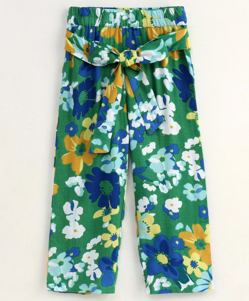 Pspeaches Girls Mustard Yellow Green Solid Bardot Top With Floral Print Trousers (S-GREEN FLOWERS)