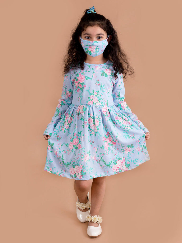 Girls Blue Pink Floral Printed A-Line Dress (hs-blue floral)