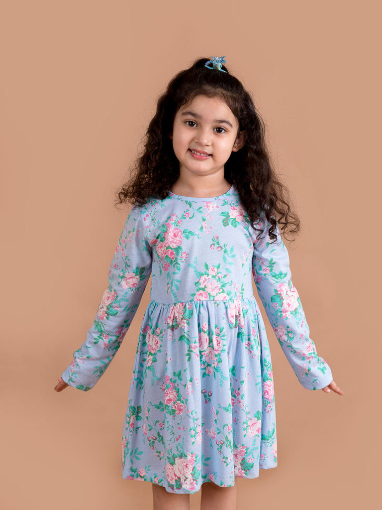 Girls Blue Pink Floral Printed A-Line Dress (hs-blue floral)
