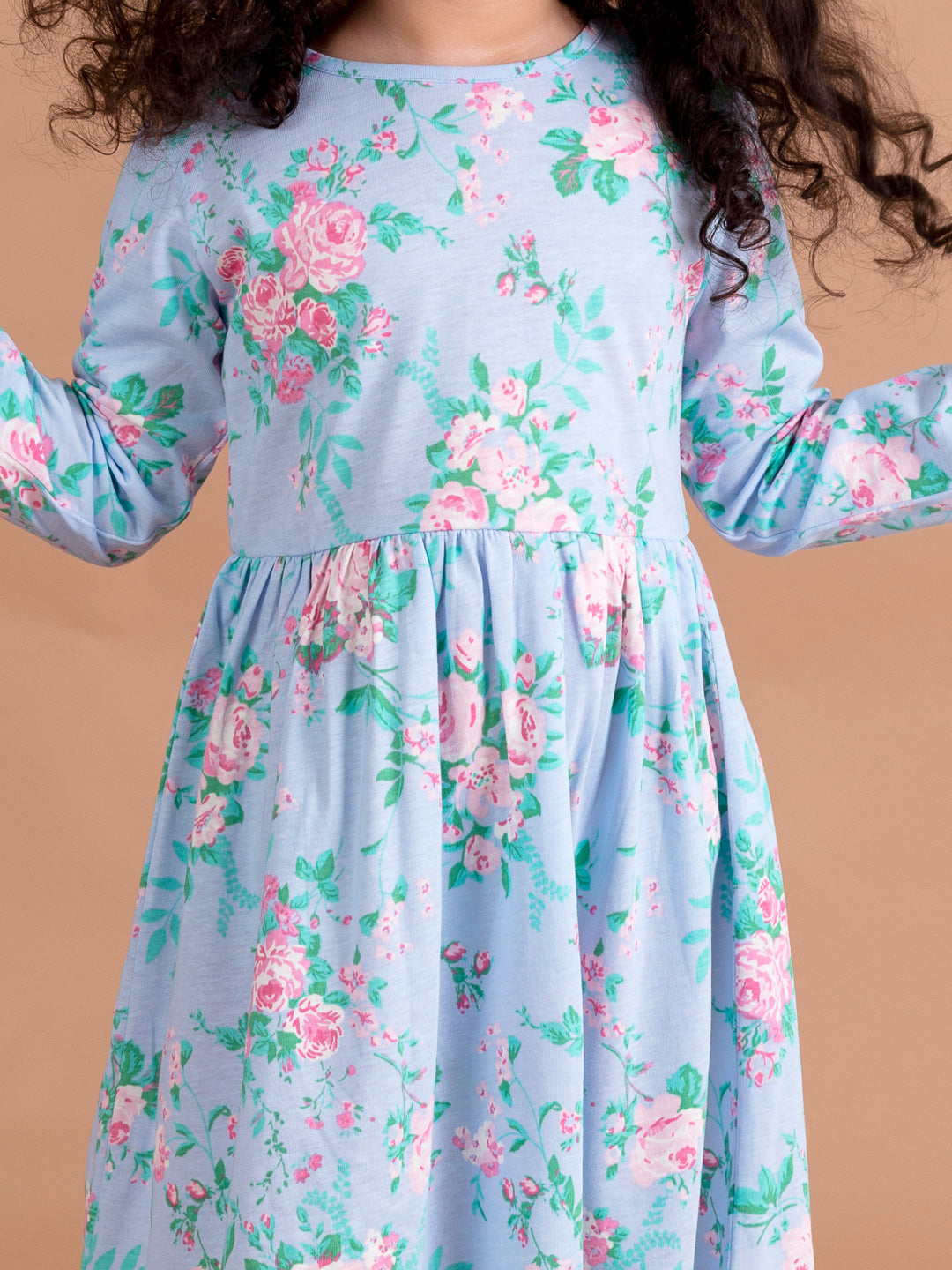 Shop Girls Blue Pink Floral Printed A-Line Dress (hs-blue floral) Online