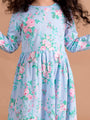 Girls Blue Pink Floral Printed A-Line Dress (hs-blue floral)